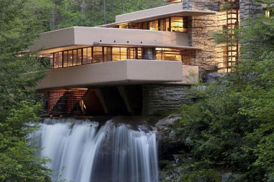 Frank Lloyd Wright's Falling Water home sits in the woods in Western Pennsylvania. 